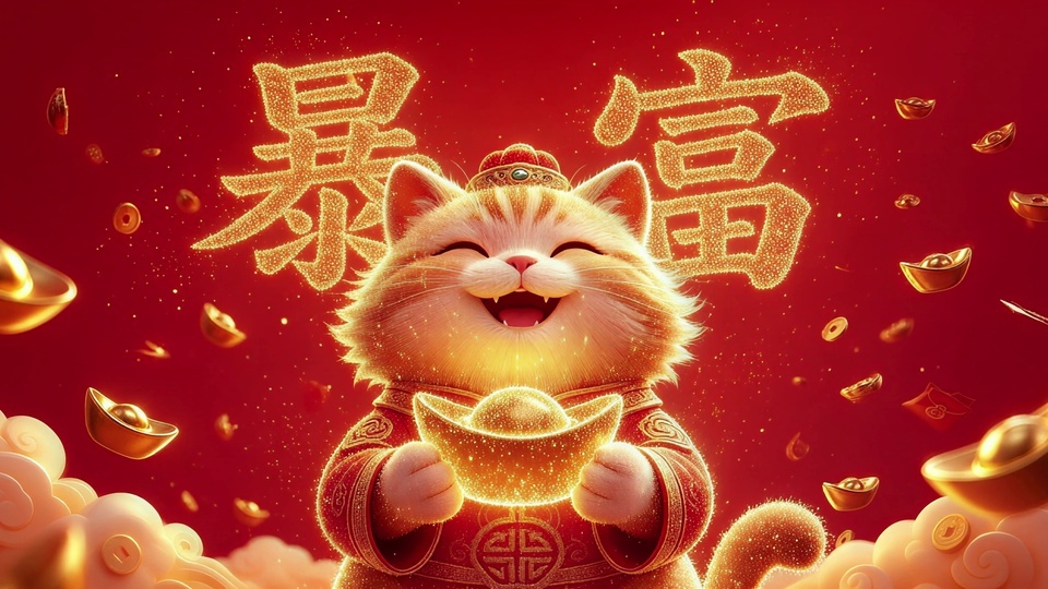 戴红冠穿红唐装的橘色招财猫捧发光金元宝，红金背景搭配暴富字样、铜钱红包与祥云元素。