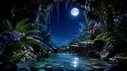月夜洞穴静谧溪流