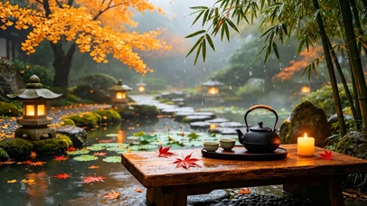 秋天园林雨景