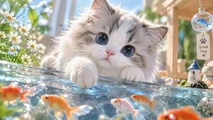 可爱萌猫觊觎鱼缸金鱼