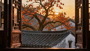 中式雕花木窗观柿红