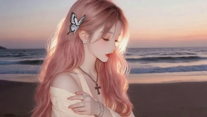 黄昏海滩女孩