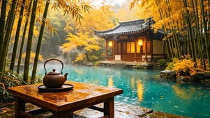 国风竹林木屋雨景