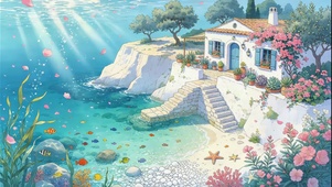 超现实 梦幻插画 海中小屋