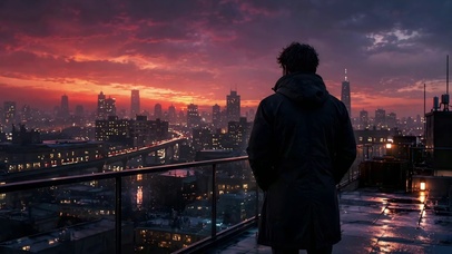 男子天台俯瞰黄昏城市夜景