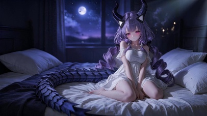 二次元-紫发恶魔少女-月夜卧室