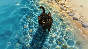 清澈湖面小黑猫