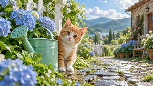 雨后小院可爱橘猫