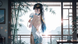 古风旗袍-黑发少女-竹窗远山