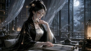月夜古风美人书房赏画