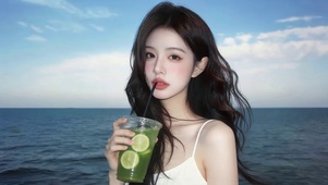 治愈海边吹风女孩