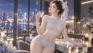 都市夜景窗边清纯美女