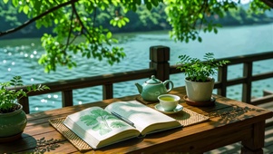 湖岸观书