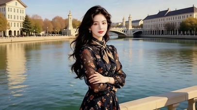 在异国的穿绣花黑纱裙的美女