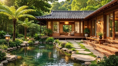 日式木屋庭院池塘