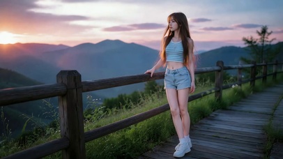 山间落日下的清纯美少女