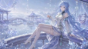 蓝发古风美少女水景壁纸