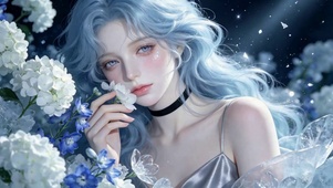 蓝发花簇空灵美少女