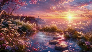 梦幻日落樱花云海美景