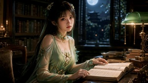 月夜古风美人书房夜读