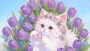郁金香花丛小猫