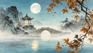 水墨山水古亭石桥