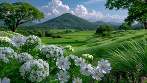 清新治愈山野绿野白花风景