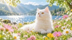 湖畔花丛中的纯白长毛猫