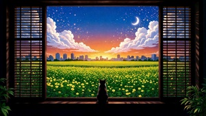 窗边猫咪静赏黄昏星空花野