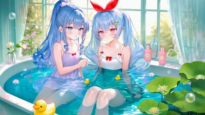 浴缸中的蓝发双子美少女