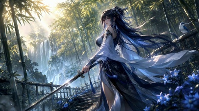 竹林瀑布古风持剑美少女