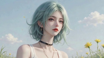 蓝发清新花海美女