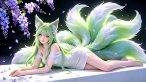 紫藤花下青发九尾狐少女