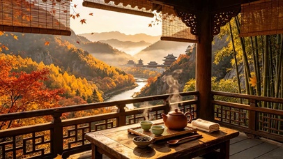 秋天山水木屋