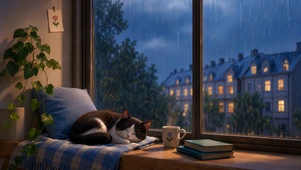 雨夜安睡小猫