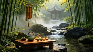 亭子竹林溪流品茶