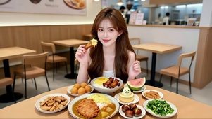 餐厅里正在品尝美食的迷人美女