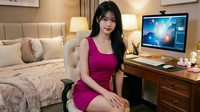 温馨房间里坐在电脑旁的电竞美女