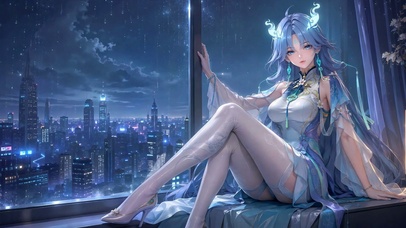 雨夜都市窗边美女清宵