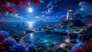 月夜海岸灯塔