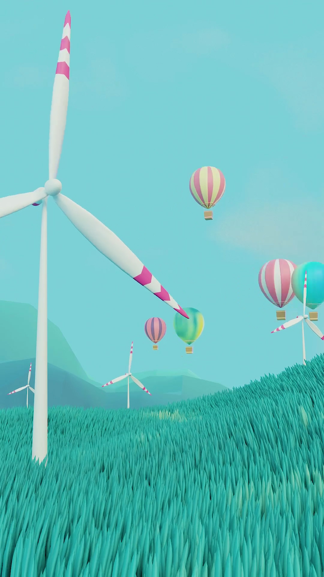 蓝天、白云、热气球、风车和绿草