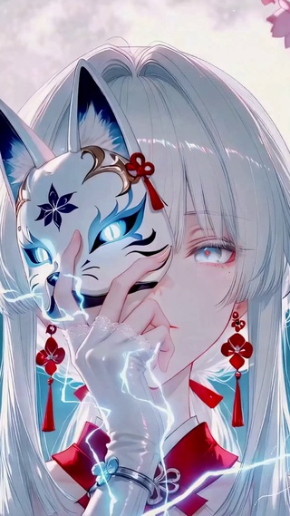 月下樱花狐面白发美少女