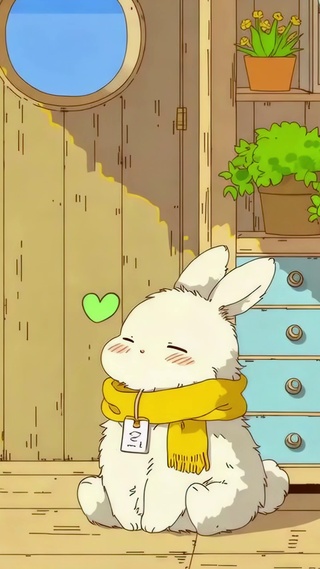 木屋前晒太阳的小白兔