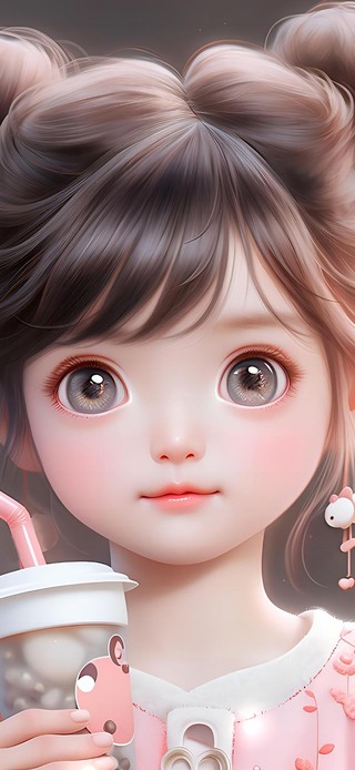 喝珍珠奶茶的小女孩