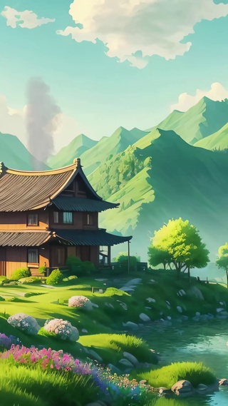 黄昏河畔木屋