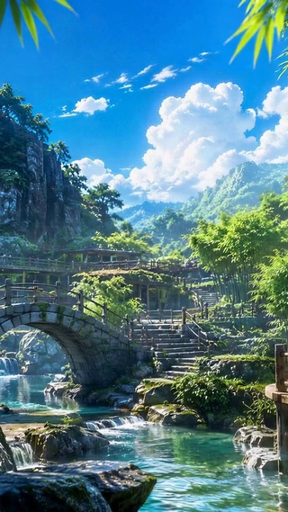 清幽竹林溪流山水美景