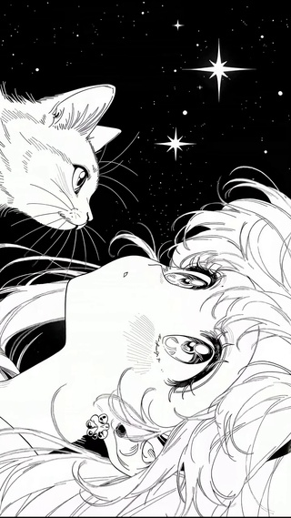 复古黑白少女与猫