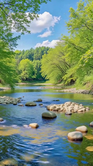 绿意盎然林间溪流风景
