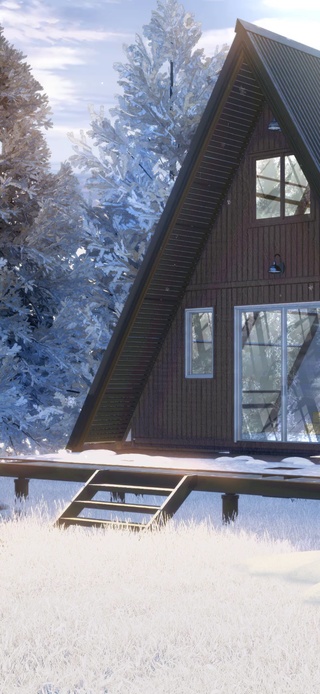 森林中下雪的小木屋