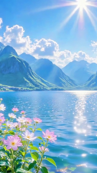 阳光洒落的山间湖泊